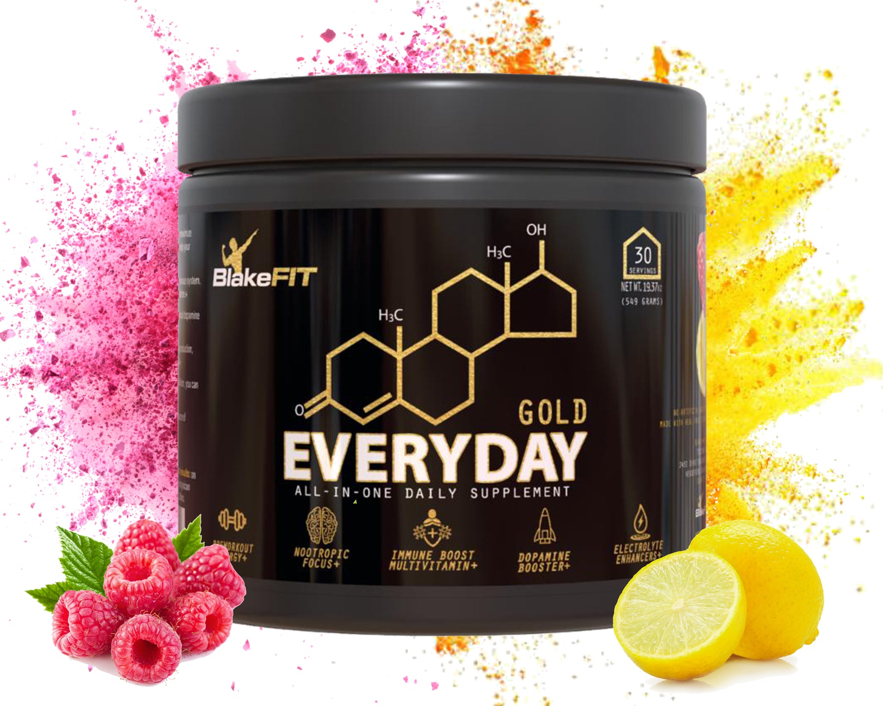 Everyday Gold All-in-one Supplement Powder | Raspberry Lemon | Immune Boost Multivitamin | Preworkout | Electrolytes | Nootropics | Keto-Friendly | Vegan Certified